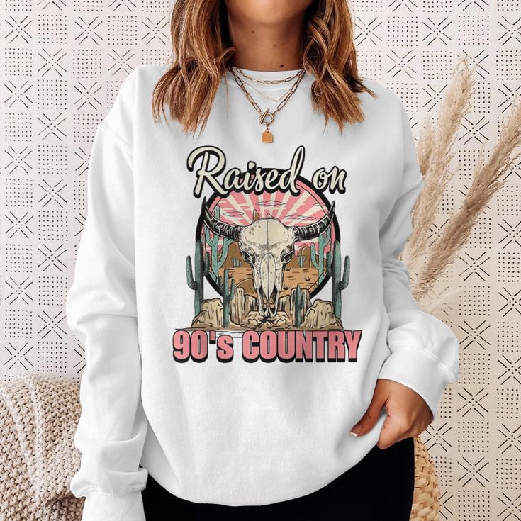 Vintage Raised On 90'S Country Music Bull Skull Western Sweatshirt Gifts for Her