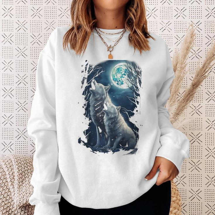 White Wolves Howling At Moon Vintage Wolf Lover Sweatshirt Gifts for Her