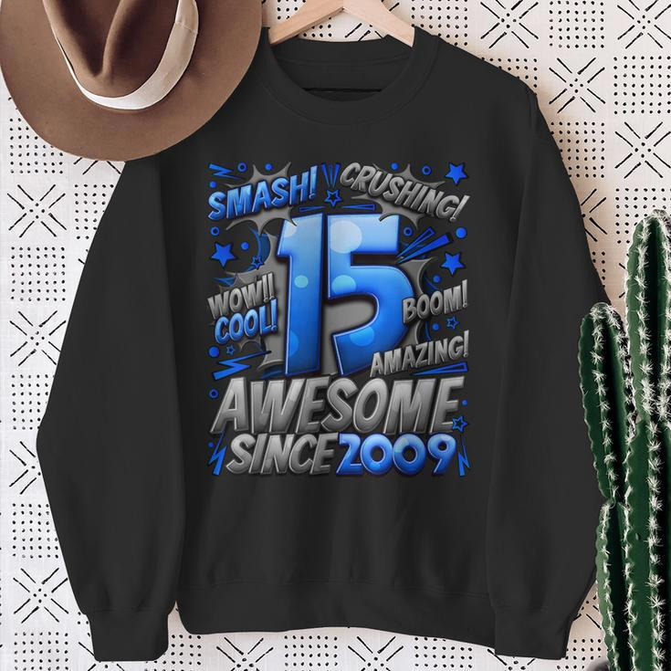 15Th Birthday Comic Style Awesome Since 2009 15 Year Old Boy Sweatshirt Gifts for Old Women