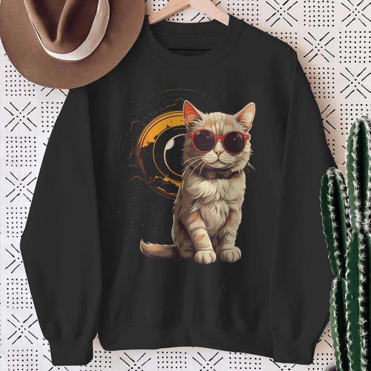 2024 Total Solar Eclipse Cat Wearing Solar Eclipse Glasses Sweatshirt Gifts for Old Women