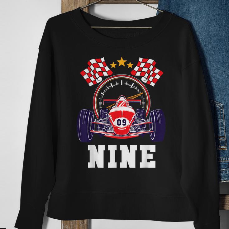 9Th Birthday Boy Race Car Flag 9 Years Old Racing Driver Kid Sweatshirt Gifts for Old Women