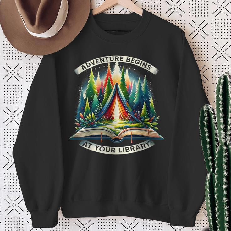 Adventure Begins At Your Library Outdoor Activities Reading Sweatshirt Gifts for Old Women