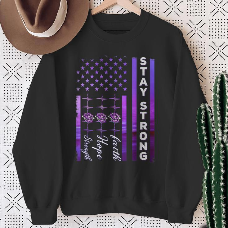 Alzheimer's Awareness Purple Ribbon Distressed American Flag Sweatshirt Gifts for Old Women