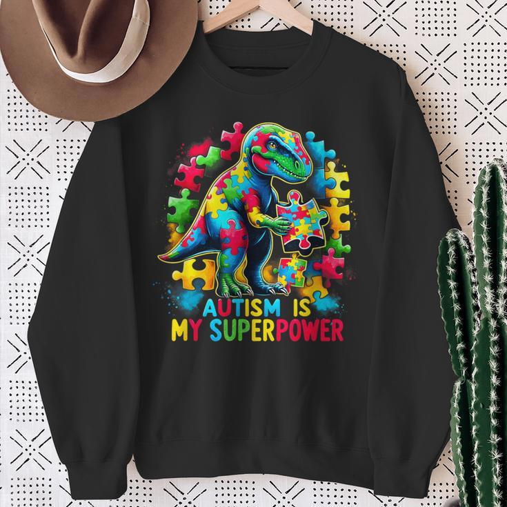 Autism Is My Superpower Autism Kid Colorful Puzzle Dinosaur Sweatshirt Gifts for Old Women