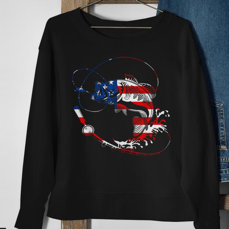 Bass Fishing Fish American Flag Patriotic Fourth Of July Sweatshirt Gifts for Old Women