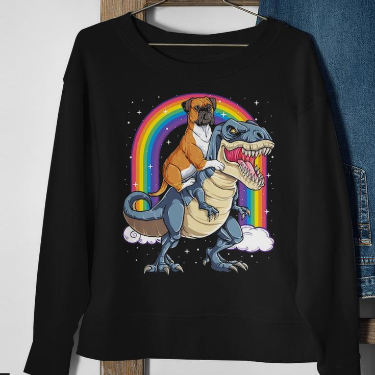 Boxer Riding DinosaurRex Dog Lover Boys Kids Rainbow Sweatshirt Gifts for Old Women