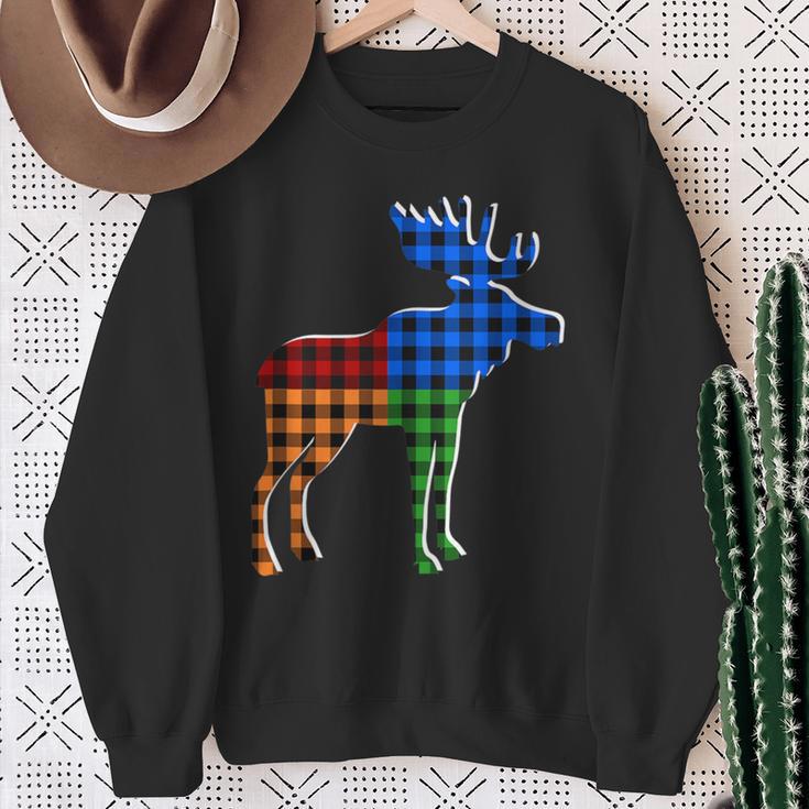 Buffalo Plaid Standing Moose Silhouette Colorful Moose Lover Sweatshirt Gifts for Old Women