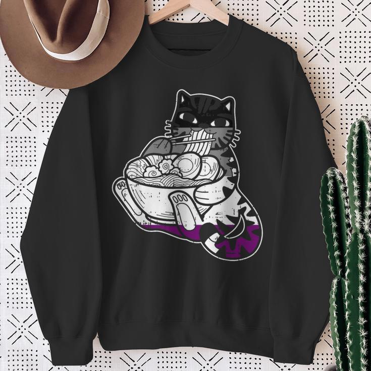 Cat Eating Ramen Asexual Pride Lgbt-Q Kitten Japanese Noodle Sweatshirt Gifts for Old Women