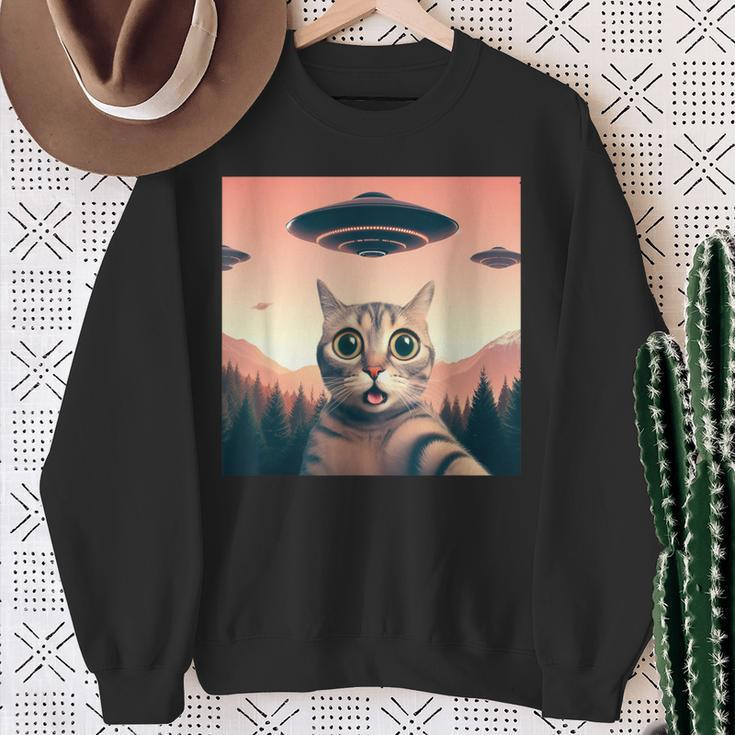 Cat Selfie With Ufo Cat Lover Meme Sweatshirt Gifts for Old Women