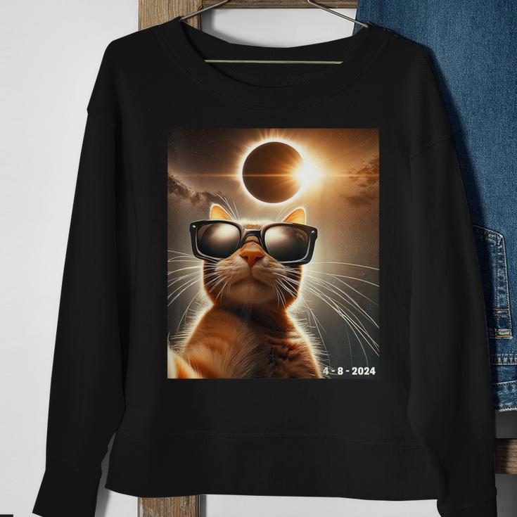 Cat Taking A Selfie With Solar 2024 Eclipse Wearing Glasses Sweatshirt Gifts for Old Women
