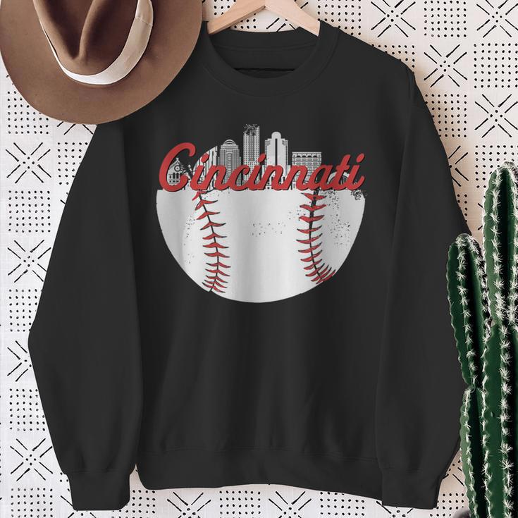 Cincinnati Skyline Cityscape Baseball Retro Vintage Sweatshirt Gifts for Old Women