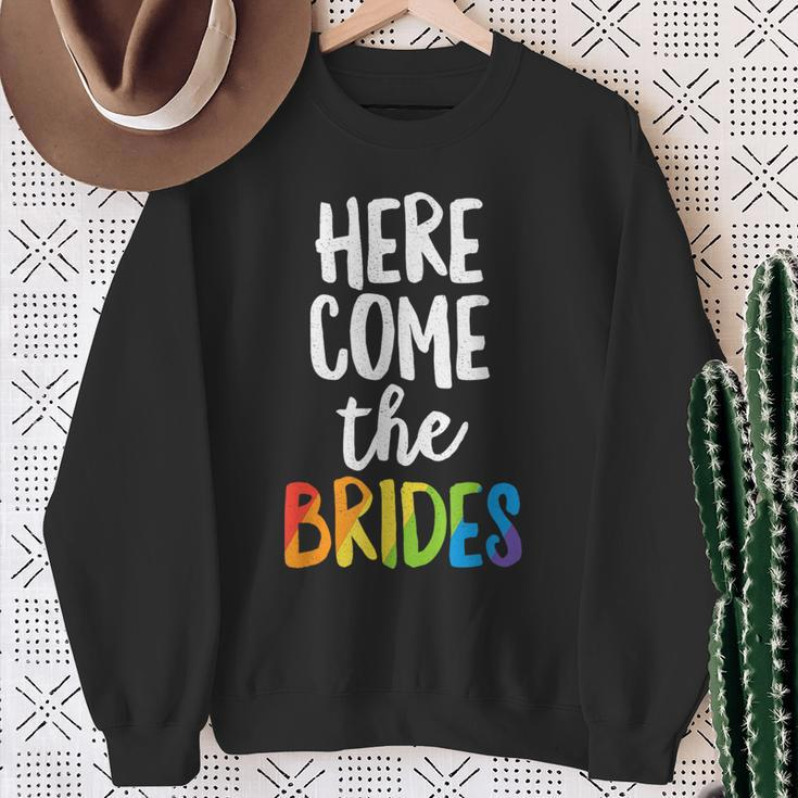 Here Comes The Brides Lesbian Pride Lgbt Wedding Sweatshirt Gifts for Old Women