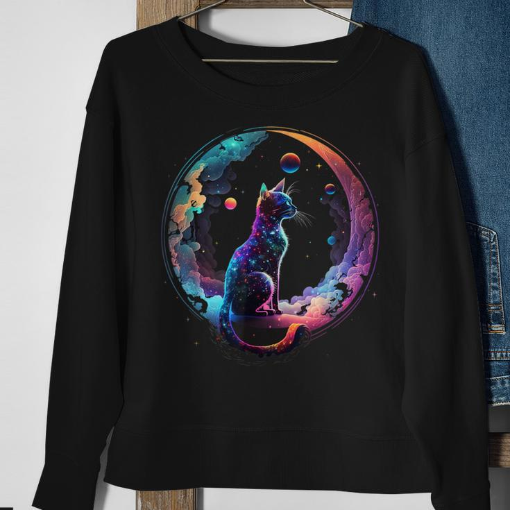 Cosmic Cat Cool Colorful Crescent Moon And Clouds Kitten Sweatshirt Gifts for Old Women