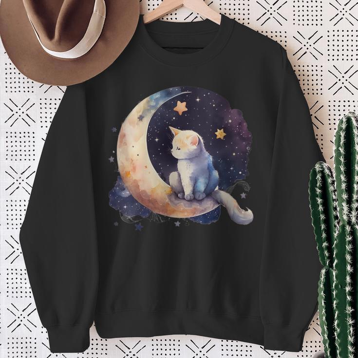 Cute Cat Crescent Moon Phases Purple Star Night Kawaii Cat Sweatshirt Gifts for Old Women