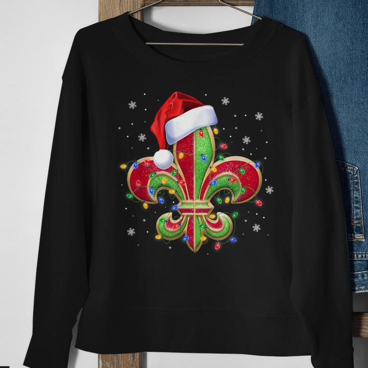 Fleur De Lis Christmas Ornament With Santa Hat Xmas Lights Sweatshirt Gifts for Old Women