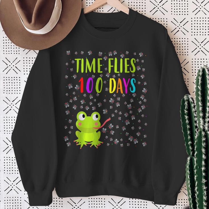 Frog Fly Time Flies 100 Days 100Th Day Of School Students Sweatshirt Gifts for Old Women