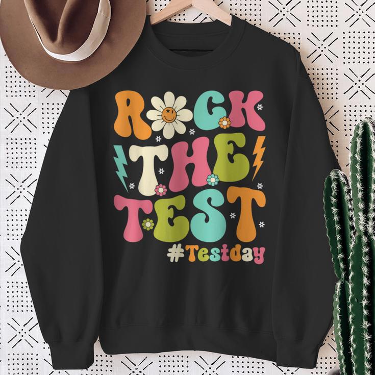 Groovy Rock The Test Motivational Retro Teachers Testing Day Sweatshirt Gifts for Old Women