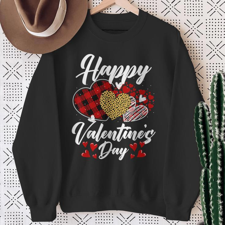 Happy Valentine's Day Hearts With Leopard Plaid Valentine Sweatshirt Gifts for Old Women