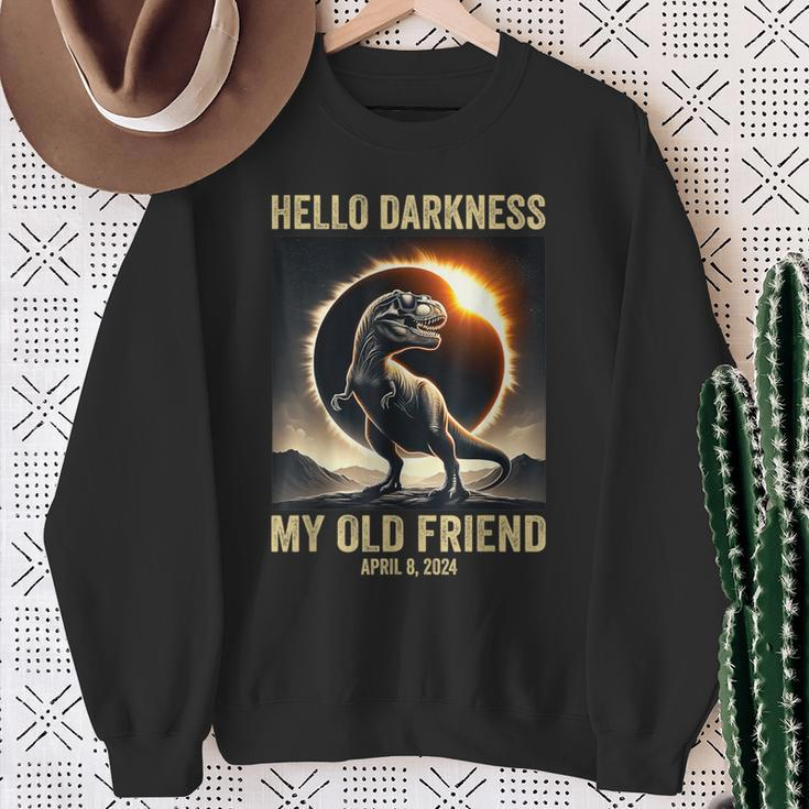Hello Darkness Dino T-Rex Solar Eclipse April 8 2024 Sweatshirt Gifts for Old Women