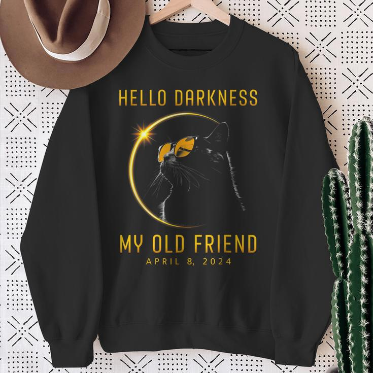Hello Darkness My Old Friend Solar Eclipse 2024 Cat Lovers Sweatshirt Gifts for Old Women