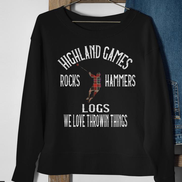 Highland Games Kilts Rocks Hammers Logs Humorous Sweatshirt Gifts for Old Women