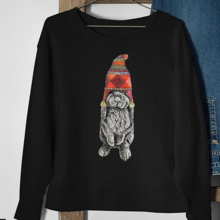 Hipster Lop Eared Bunny Rabbit Wearing Winter Peruvian Hat Sweatshirt Gifts for Old Women