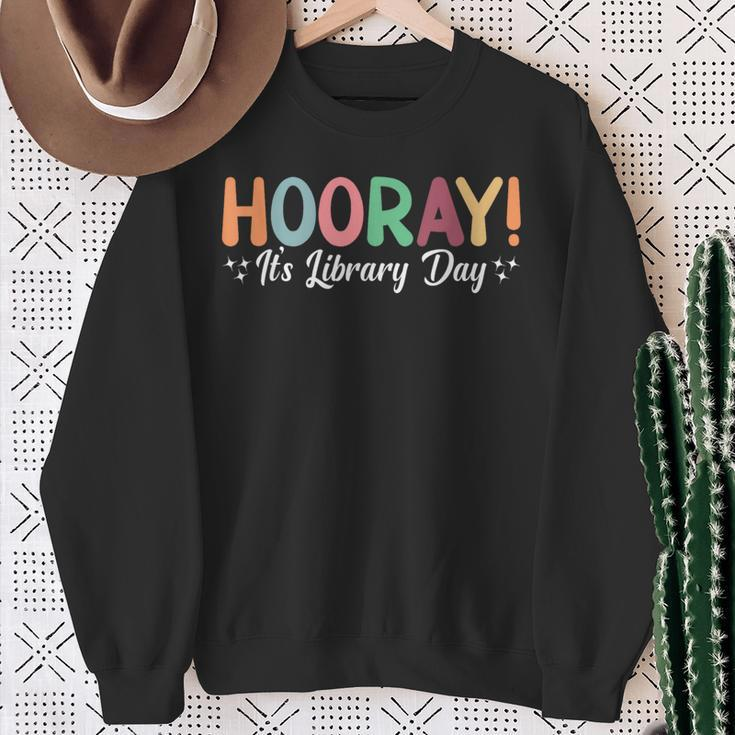 Hooray It's Library Day Reader Books Lover Groovy Sweatshirt Gifts for Old Women