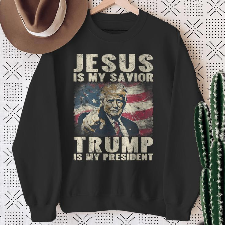 Jesus Is My Savior Trump Is My President 2024 American Flag Sweatshirt Gifts for Old Women