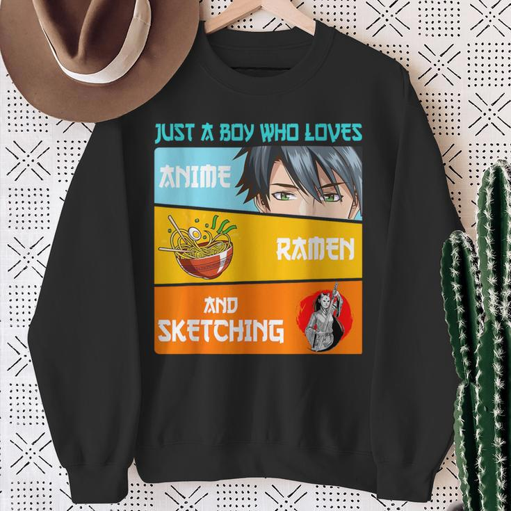 Just A Boy Who Loves Anime Ramen And Sketching Japan Anime Sweatshirt Gifts for Old Women