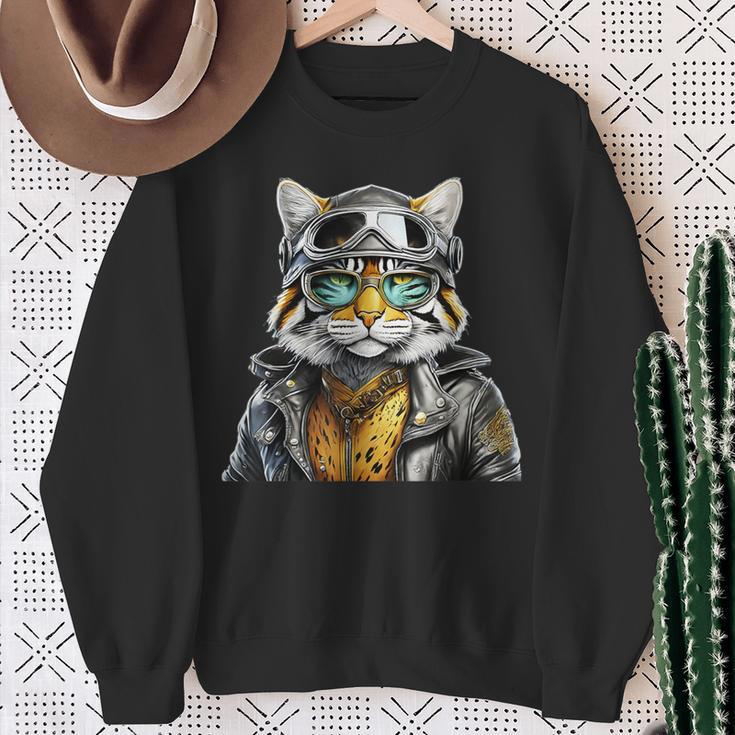 Katze Lederjacke Brille Bikerin Abenteuer Motorradfahrer Sweatshirt Geschenke für alte Frauen