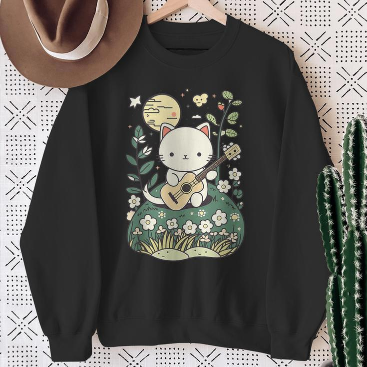 Kawaii Cat Playing Guitar Cute Flowers And Moon Cat Lover Sweatshirt Gifts for Old Women