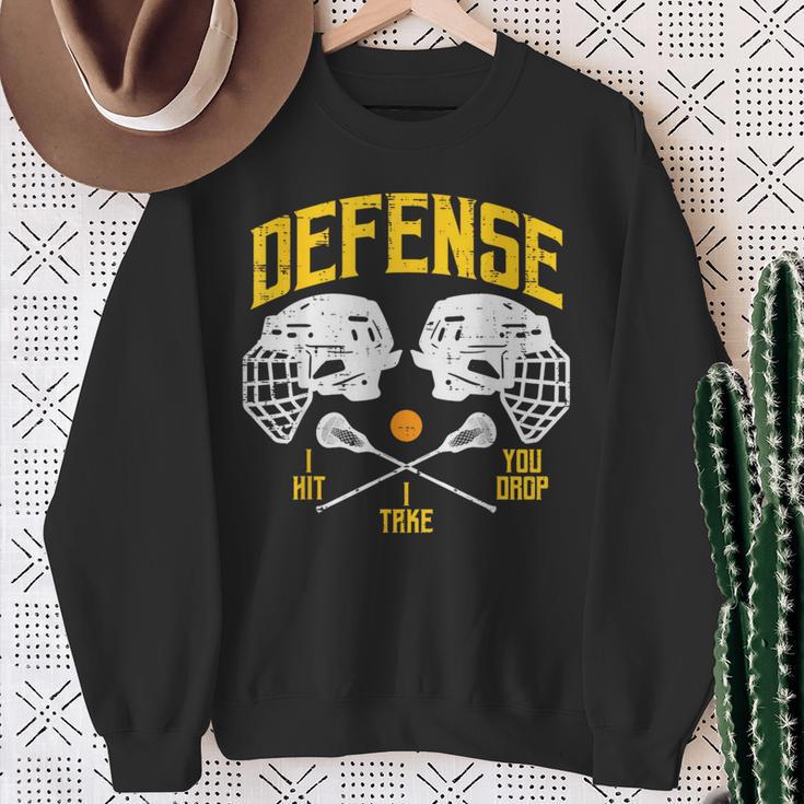 Lacrosse Defense I Hit Take You Drop Lax Player Boys Sweatshirt Gifts for Old Women