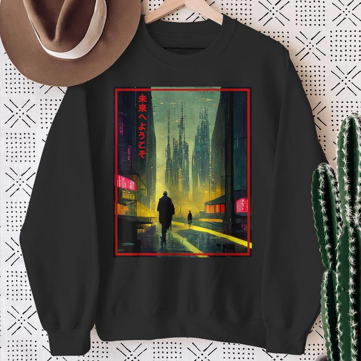 A Man Walks Cyberpunk City Japanese Text Futuristic Costume Sweatshirt Gifts for Old Women