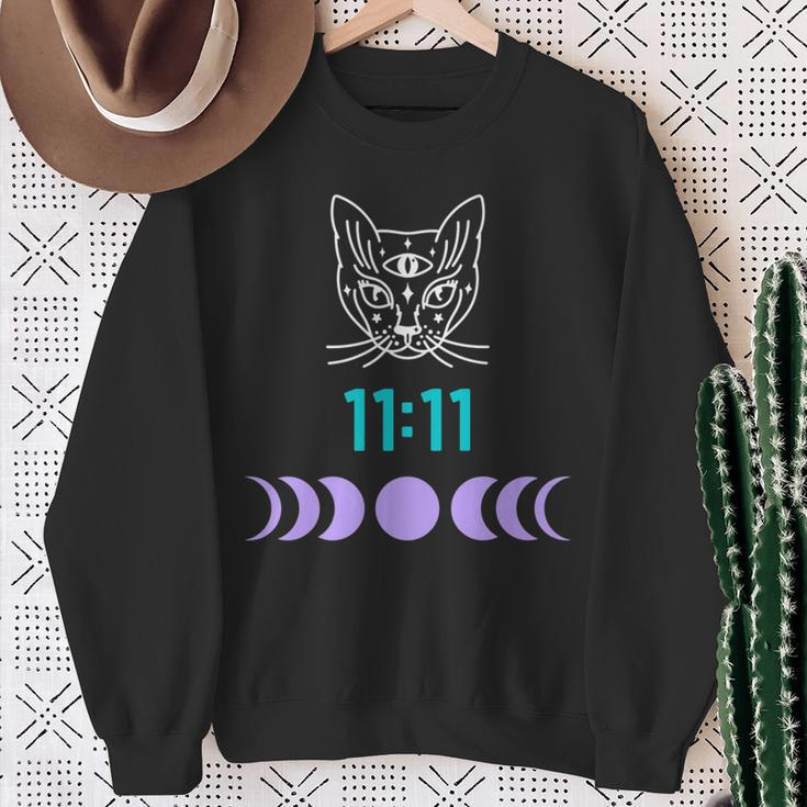 Manifestation Cat And Moon Phase 11 11 Eleven Eleven Purple Sweatshirt Gifts for Old Women