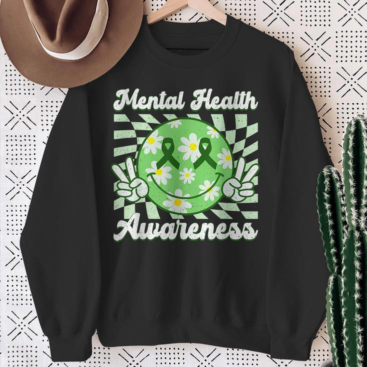 Mental Health Awareness Smile Face Checkered Green Ribbon Sweatshirt Gifts for Old Women