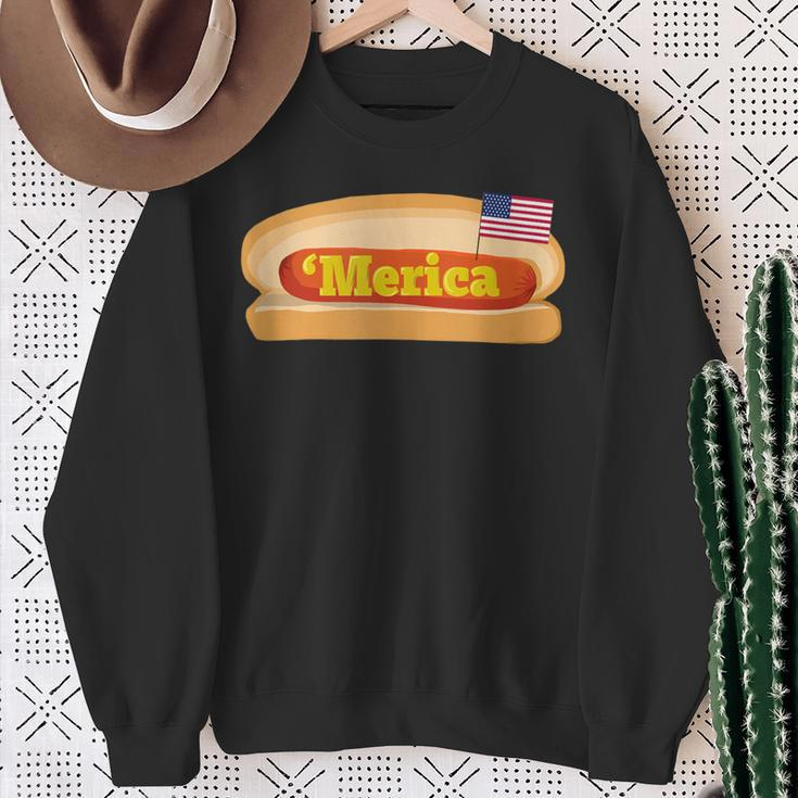 'Merica Hot Dog Flag Patriotic American Flag Hot Dog Sweatshirt Gifts for Old Women