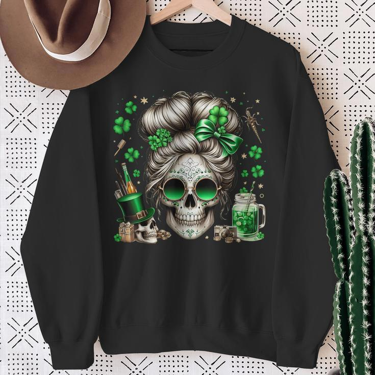 Messy Bun Skull Saint Paddys Day Irish Women Sweatshirt Gifts for Old Women