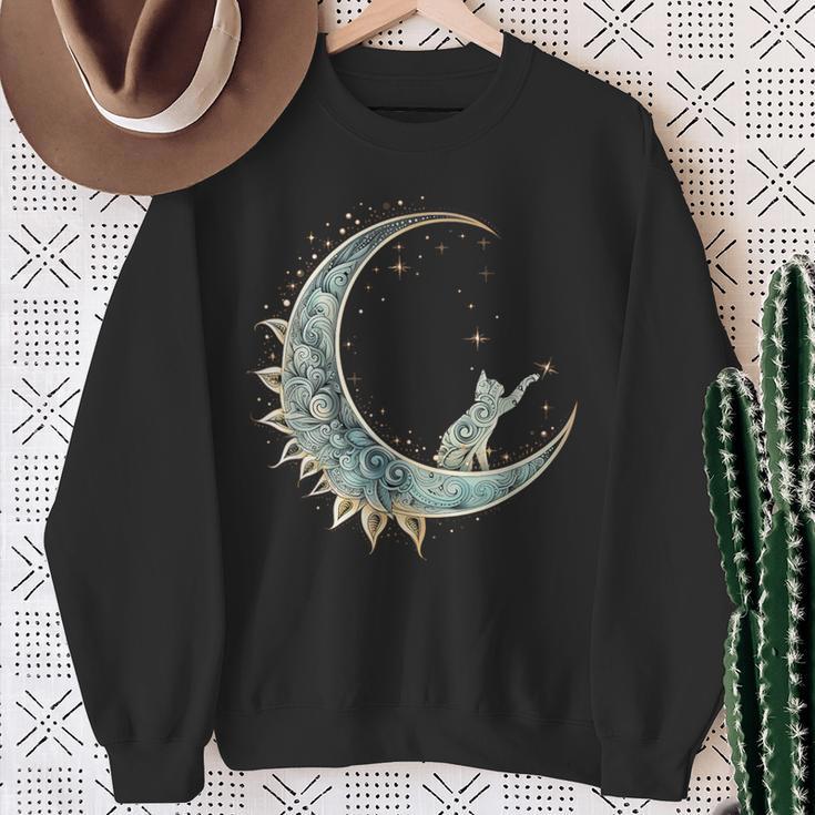 Mystical Aesthetic Cat Sitting On Crescent Moon Lunar Cat Sweatshirt Gifts for Old Women