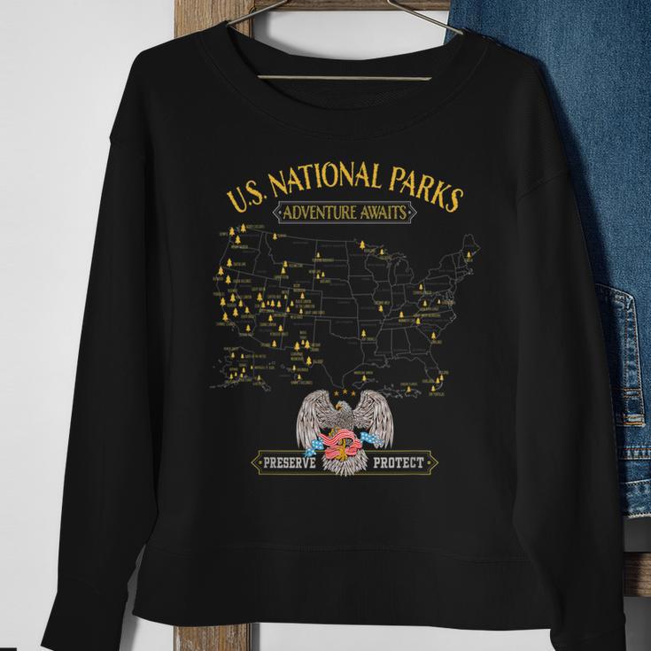 National Parks Map Vintage American Hiking Camping Eagle Sweatshirt Gifts for Old Women