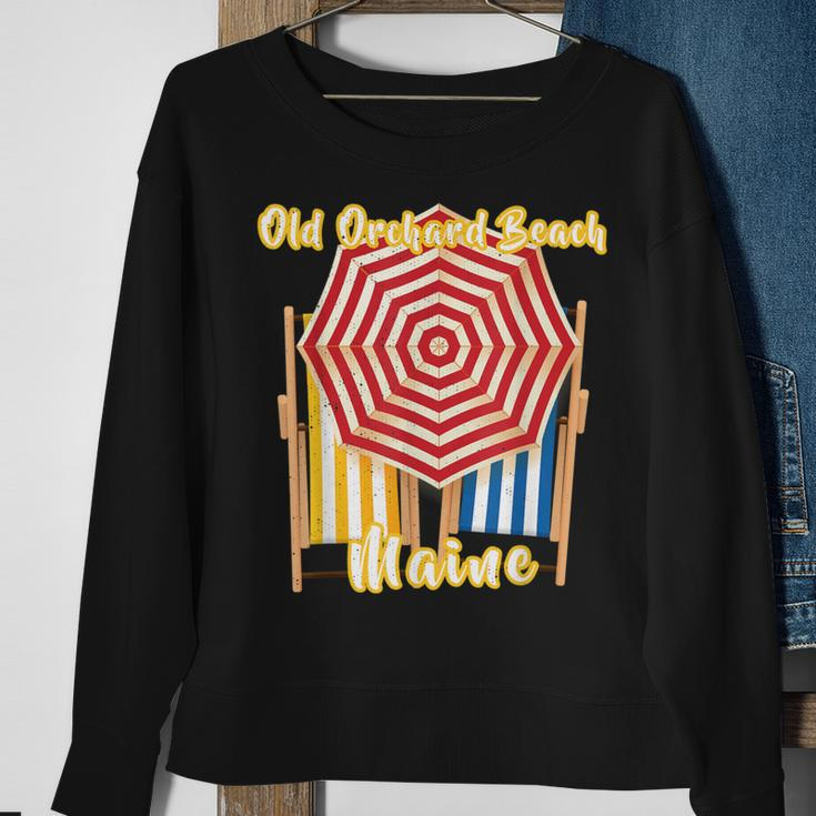 Old Orchard Beach Maine Nautical Umbrella Striped Chairs Sweatshirt Gifts for Old Women