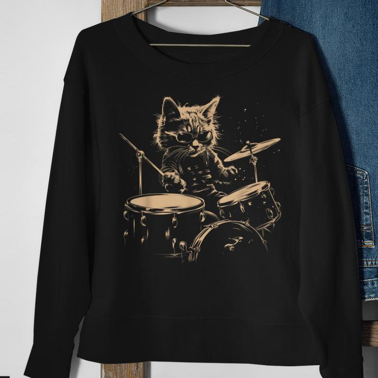 Pop Rock Drummer Cat Kitten Music Playing Drums Music Bands Sweatshirt Gifts for Old Women