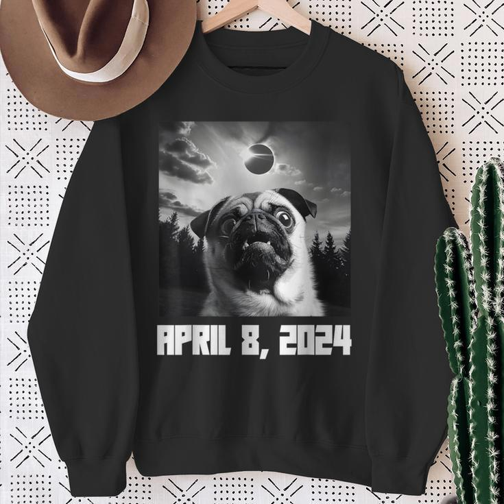 Pug Taking Selfie Totality 04 08 24 Total Solar Eclipse 2024 Sweatshirt Gifts for Old Women