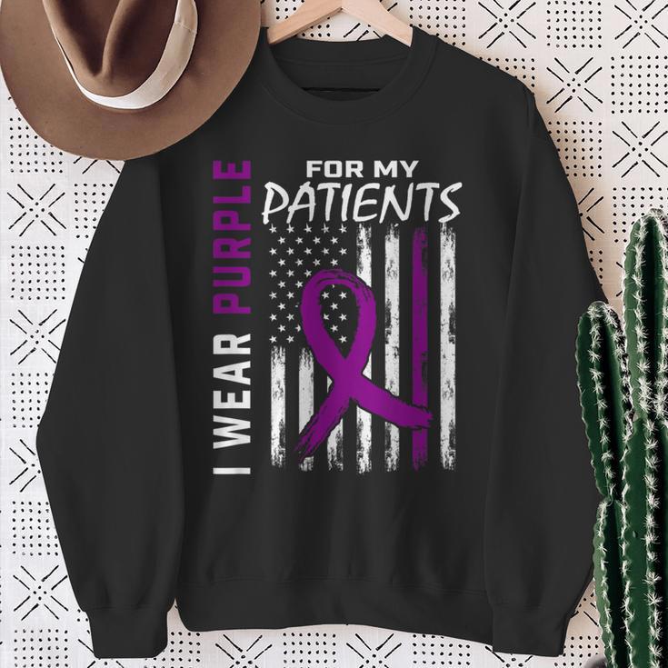 Purple For Patients Alzheimers American Flag Print On Back Sweatshirt Gifts for Old Women