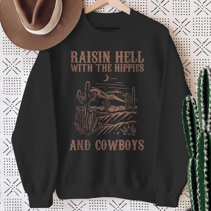 Raising Hell With The Hippies And Cowboys Western Cowgirl Sweatshirt Gifts for Old Women
