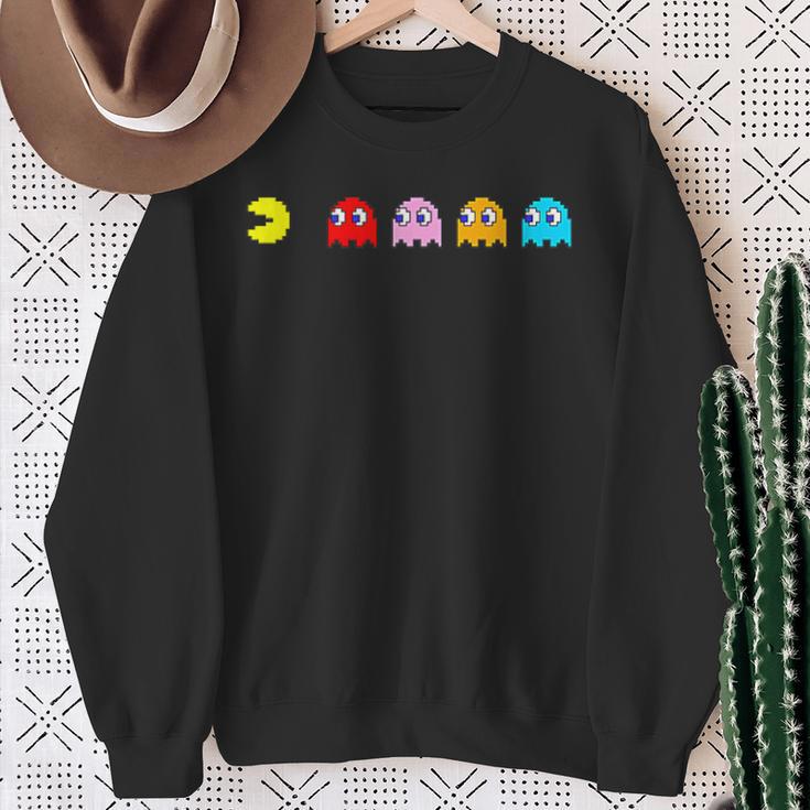 Retro Arcade-Spiel Charakter Sweatshirt, Nostalgisches Gamer Schwarz Tee Geschenke für alte Frauen