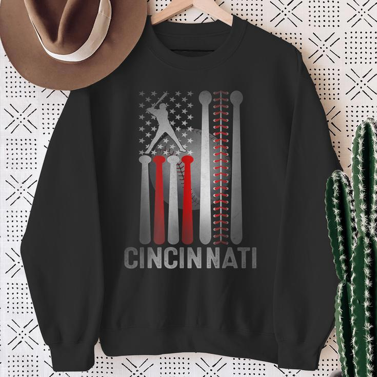 Retro Cincinnati American Flag Distressed Baseball Fans Sweatshirt Gifts for Old Women