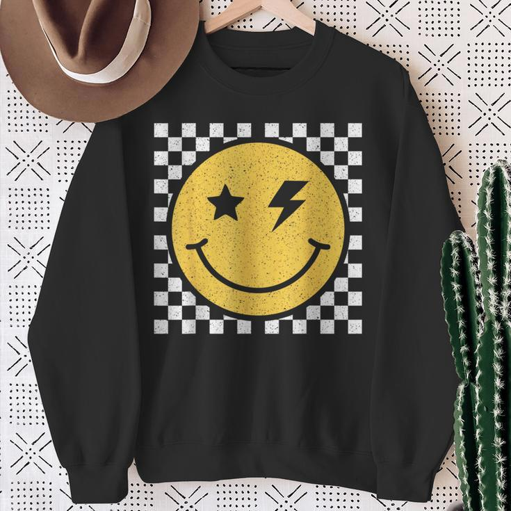 Retro Yellow Happy Face Checkered Pattern Smile Face Trendy Sweatshirt Gifts for Old Women