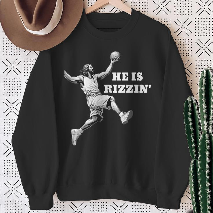 He Is Rizzin' Jesus Playing Basketball Sweatshirt Gifts for Old Women