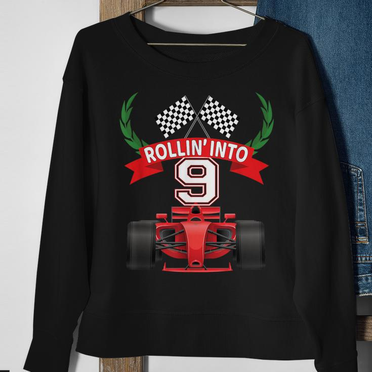 Rollin Into 9 Years Old Racing Car Boys 9Th Birthday Party Sweatshirt Gifts for Old Women