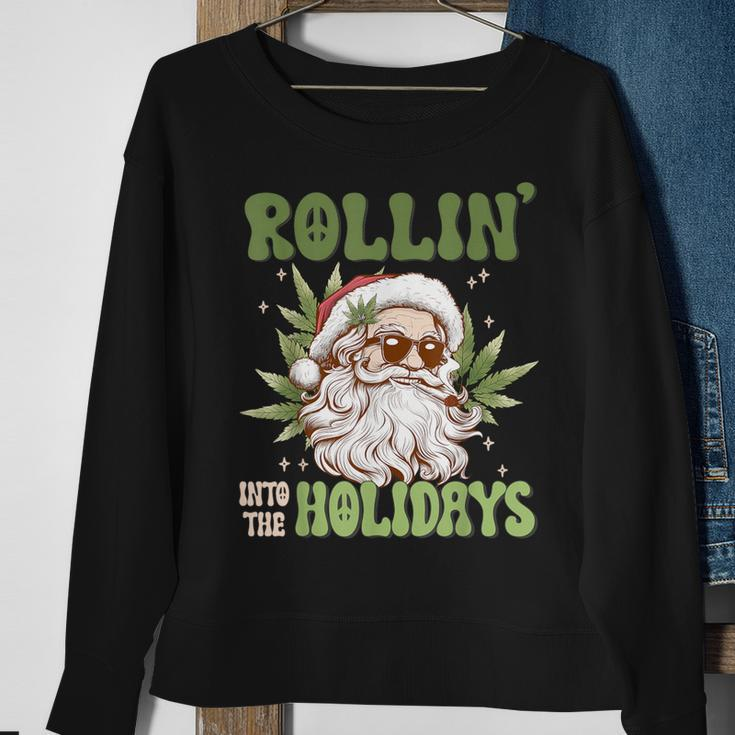 Rollin Into The Holidays Santa Black Marijuana Christmas Sweatshirt Gifts for Old Women